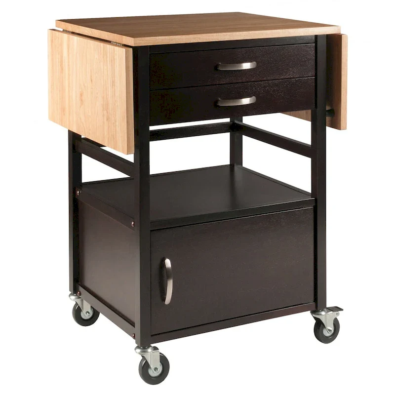 Drop Leaf Kitchen Cart with 2 Drawers, Cabinet & Casters - Coffee & Natural - 43.23x20.08x33.54