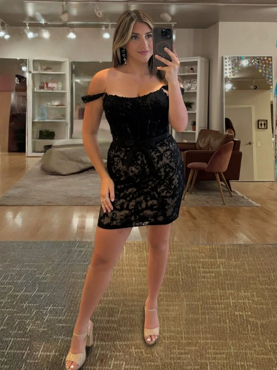 Black - Bodycon Off the Shoulder Beaded Appliques Homecoming Dresses with Bow