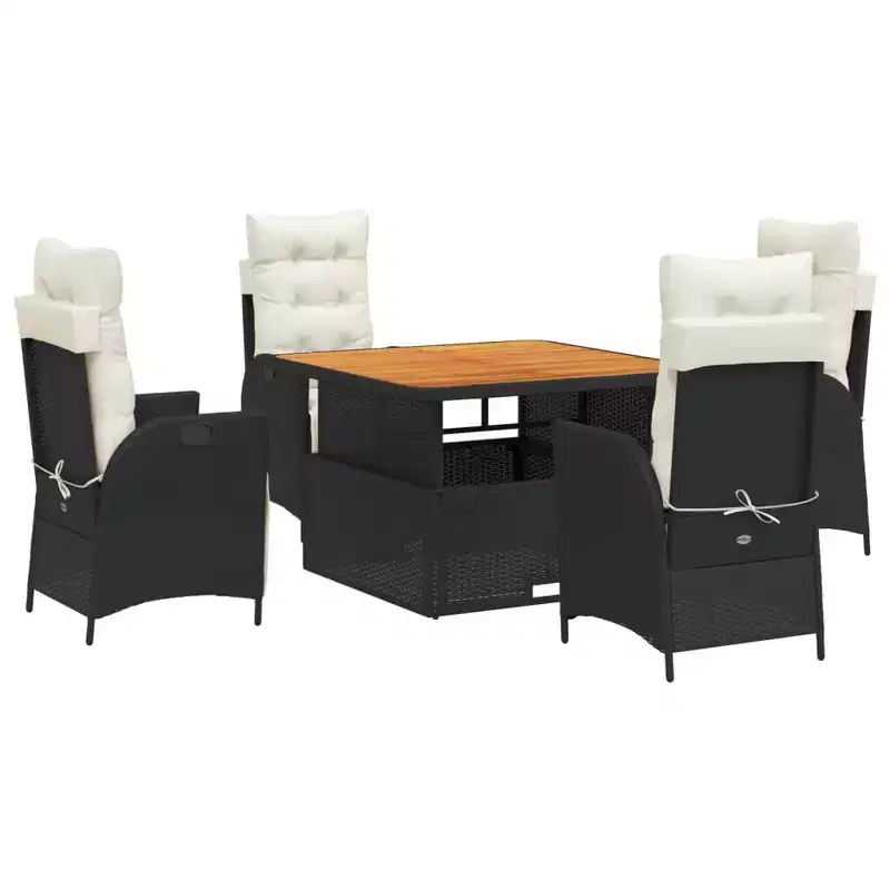 vidaXL 5 Piece Patio Dining Set with Cushions - Adjustable Reclining Chairs & Lift-up Table, Black Poly Rattan, Weather-Resistant Outdoor Furniture