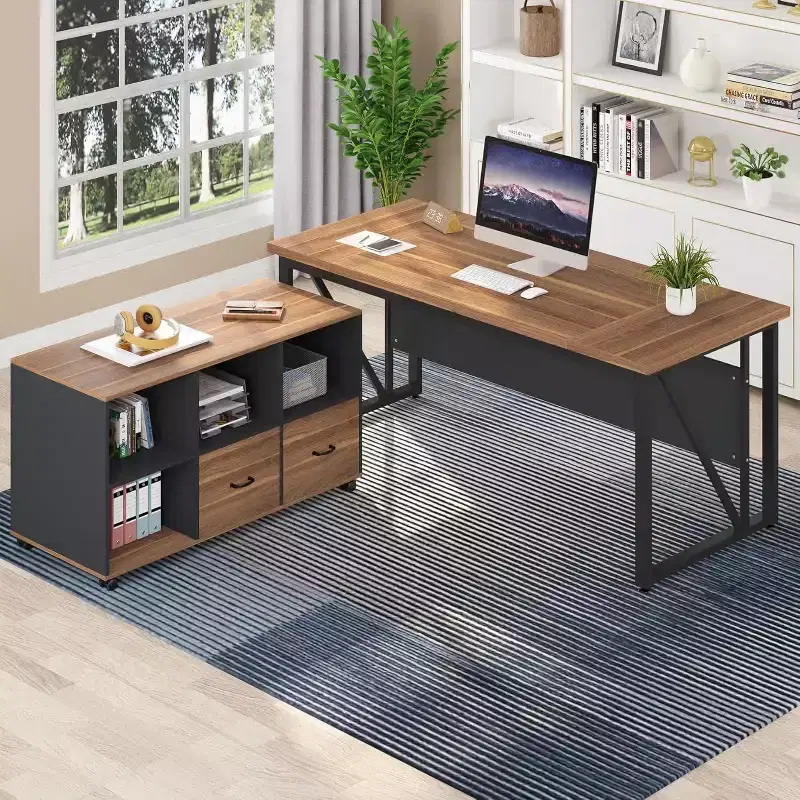 Lantine 63 Executive Desk and 47 lateral File Cabinet, L-shaped Computer Desk Business Furniture with Drawers and Storage Shelves