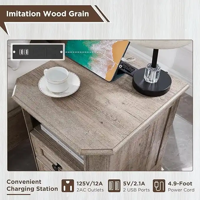 18 Farmhouse Nightstand with Charging Station, End Table,Side Table