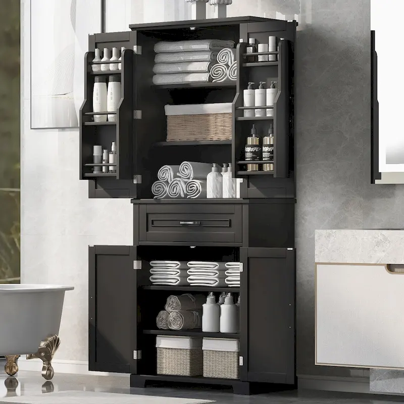 Tall Storage Cabinet with Doors and Drawer – Black