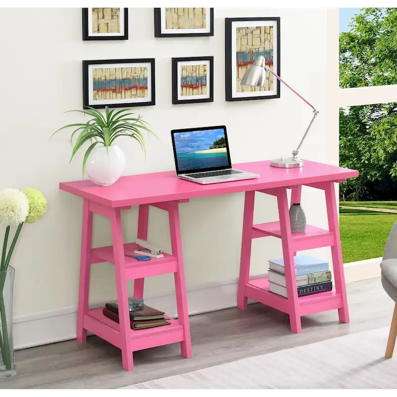 Convenience Concepts Designs2Go Double Trestle Desk with Shelves