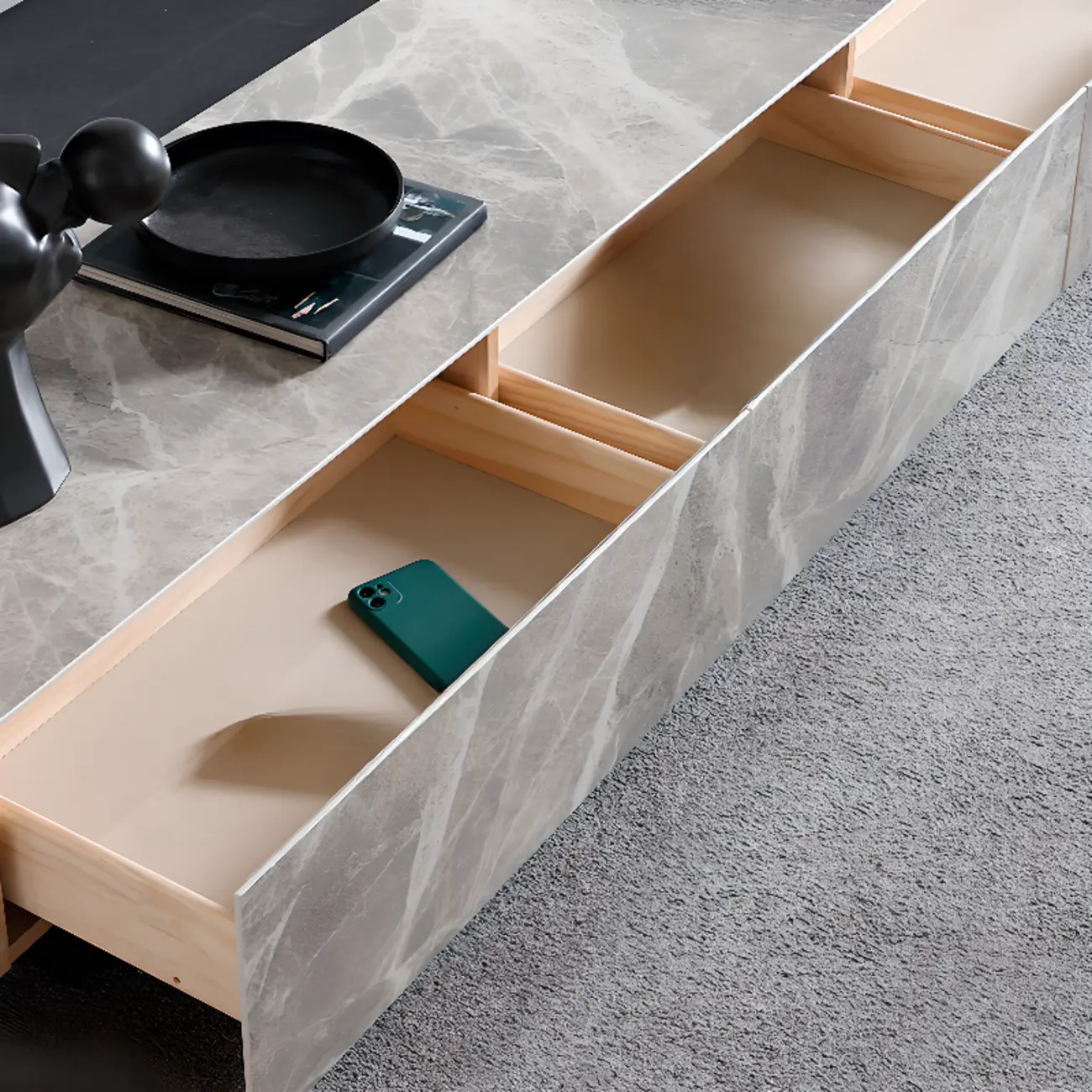 71 Elegant Grey Stone Rectangle TV Stand with 3 Drawers