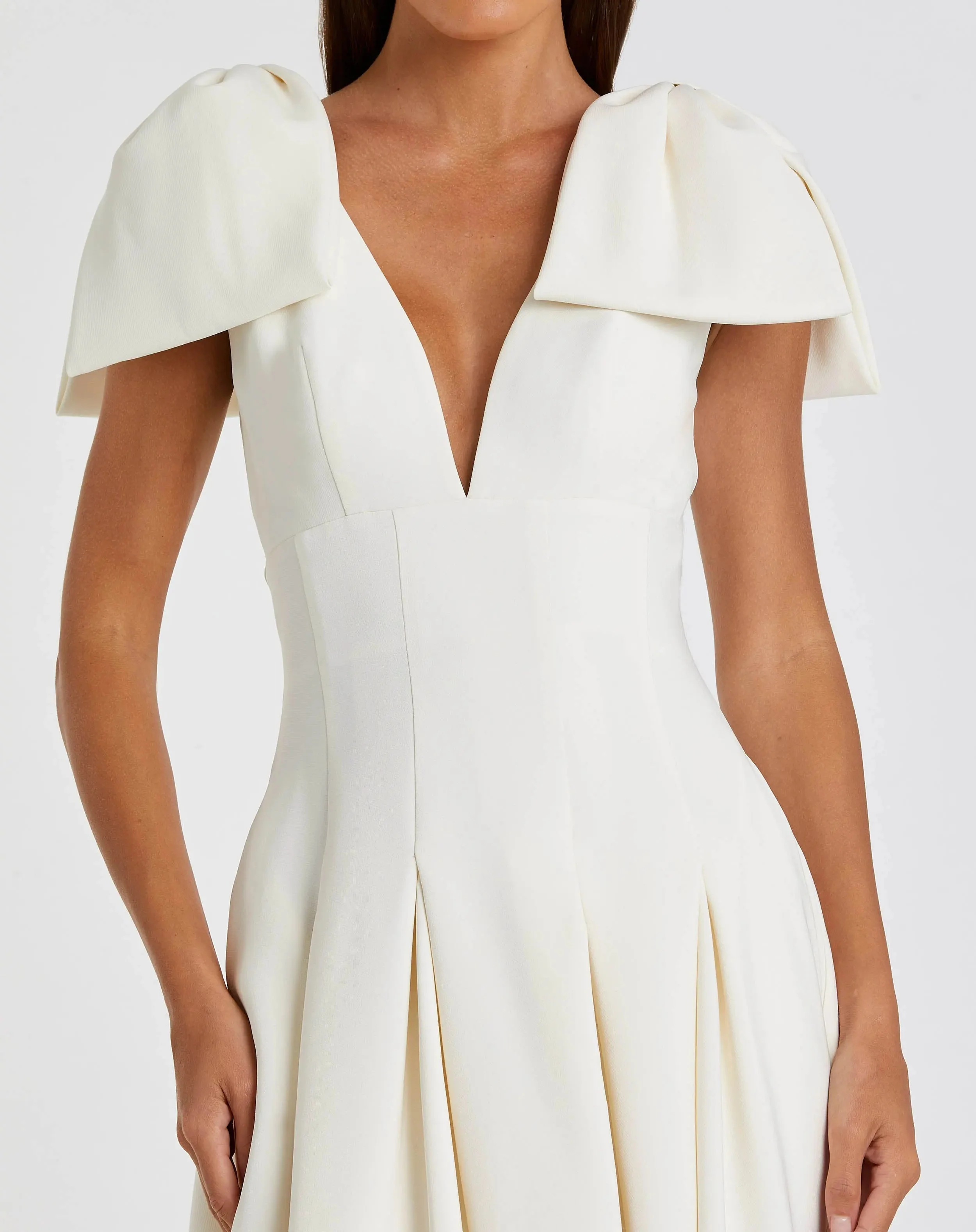 Ivory Crepe A Line Midi Dress With Bow Straps