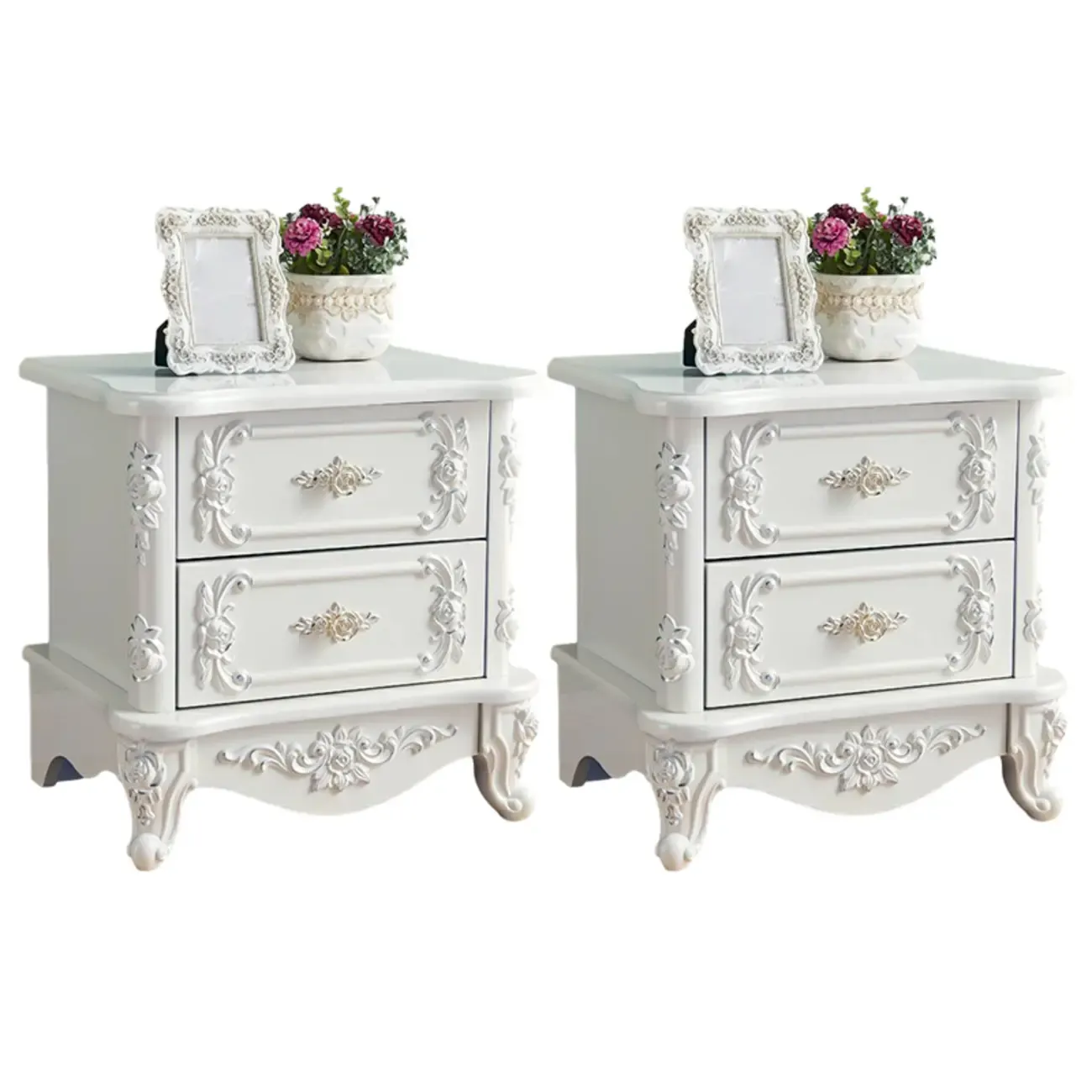 Traditional White Wood Carved 3-Drawer Nightstand