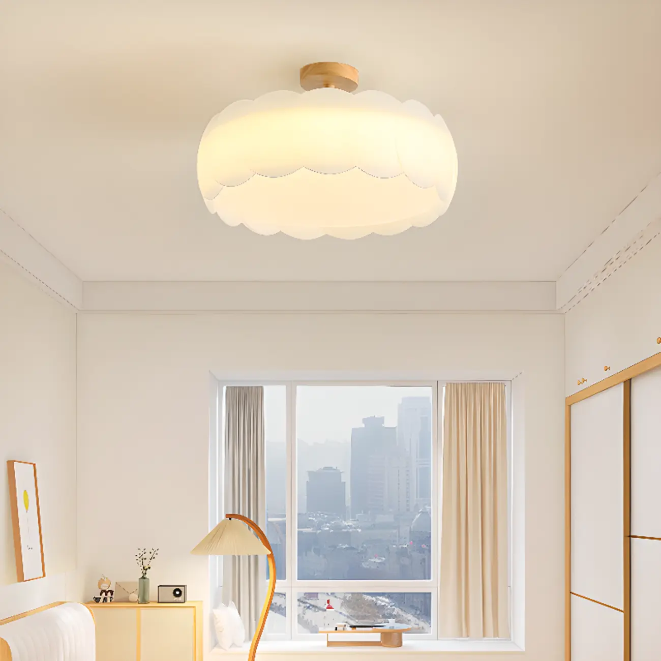 8 Elegant LED Semi Flush Ceiling Light in Natural Finish