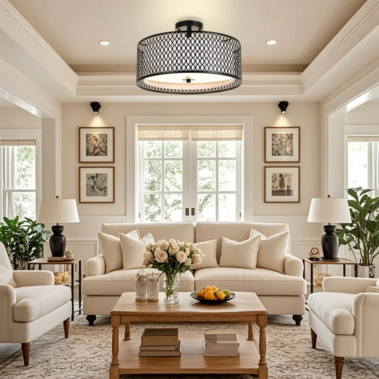 Modern Black Metal Hollow Cylinder Semi Flush Ceiling Light