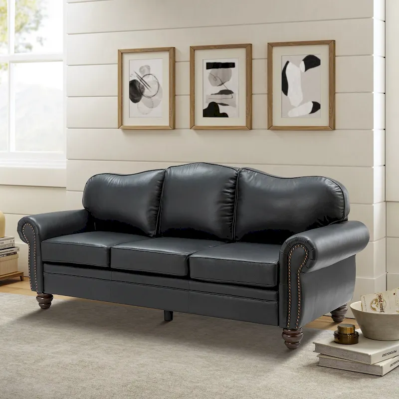 Balvino 81 Wide Transitional Genuine Leather Rolled Arm Sofa with Nailhead Trim and Removable Cushions
