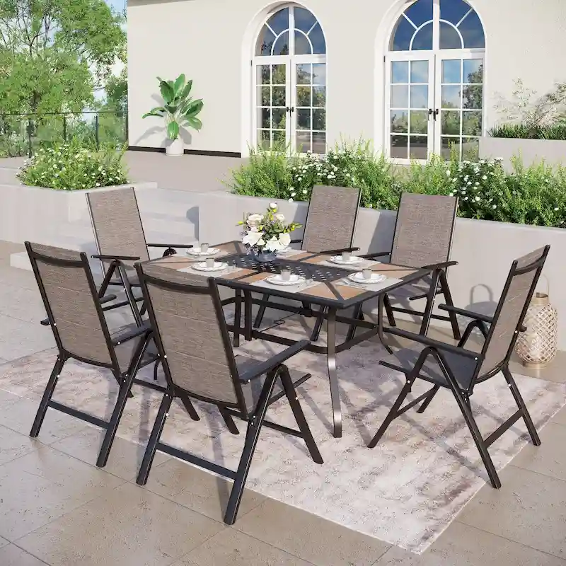 7-Piece Patio Dining Set of Foldable & 7-Angle Adjustable Padded Patio Dining Chairs and 3 Kinds of Patio Tables