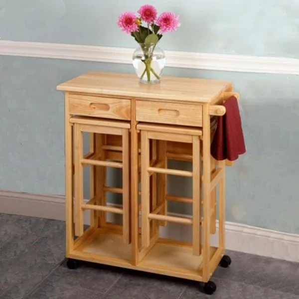 Brown/Yellow, Foldable, 3-Seat Kitchen Cart with Stools