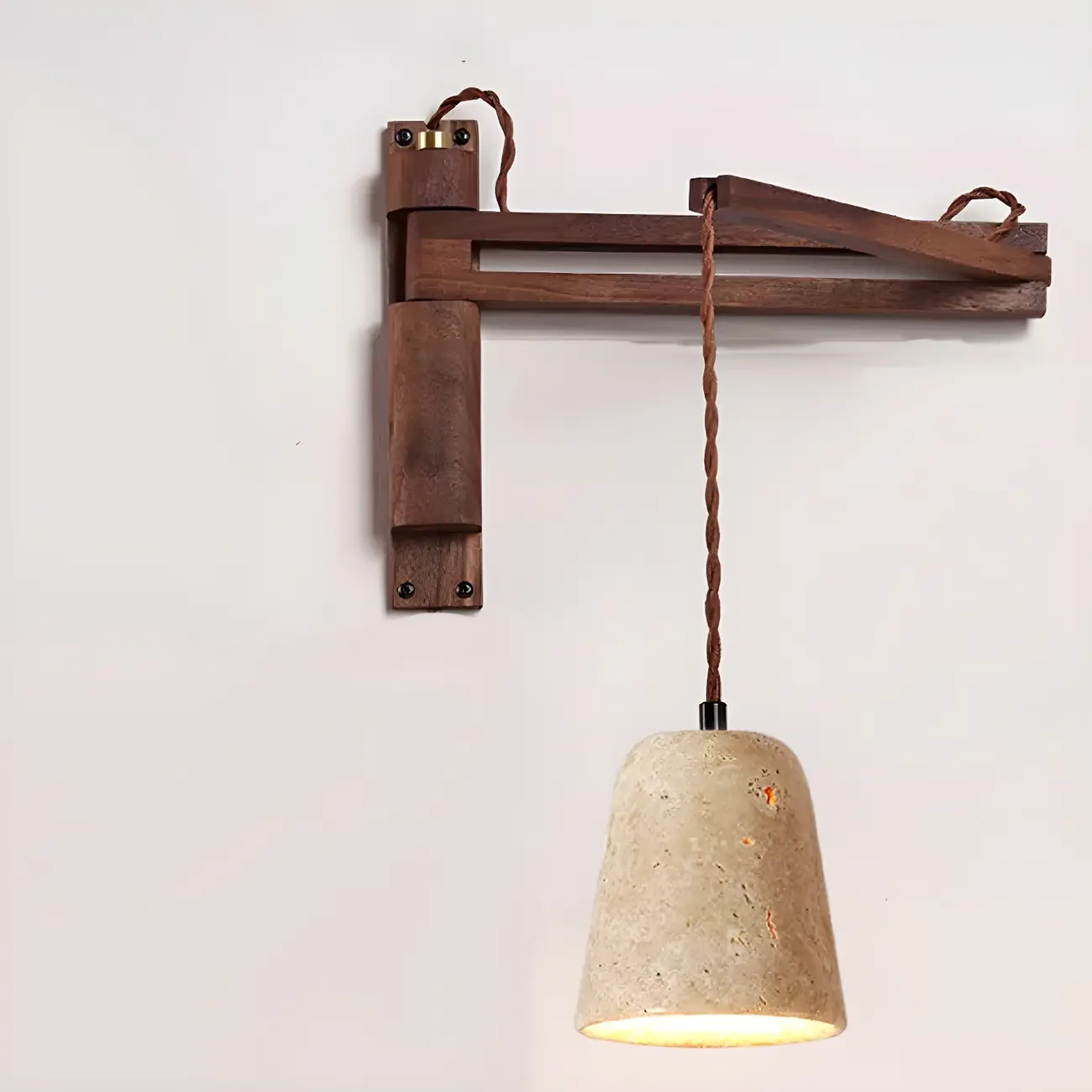 Vintage Wood Brown Swing Arm Beige Stone Shade Wall Light