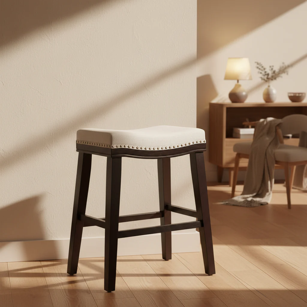 Contemporary Upholstered Saddle Counter Stool with Nailhead Trim
