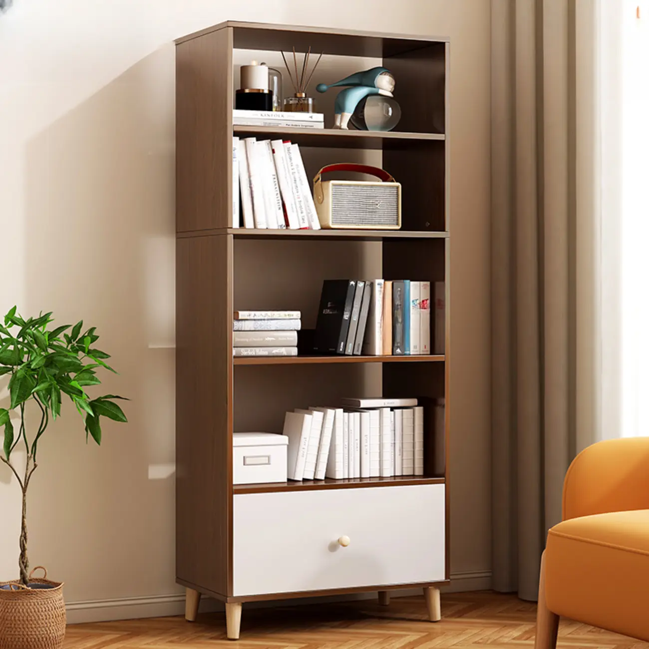 Tall Gray 4-Tier Open Back Wood Bookshelf with Drawer