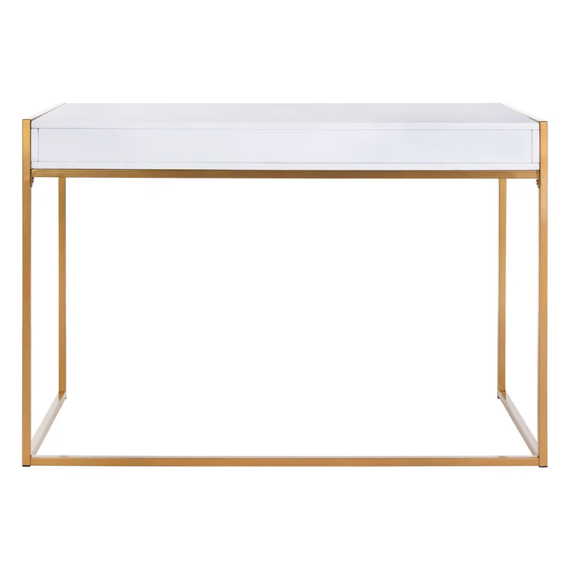 White & Gold 1-Drawer Console Desk with Metal Frame – 1-Person