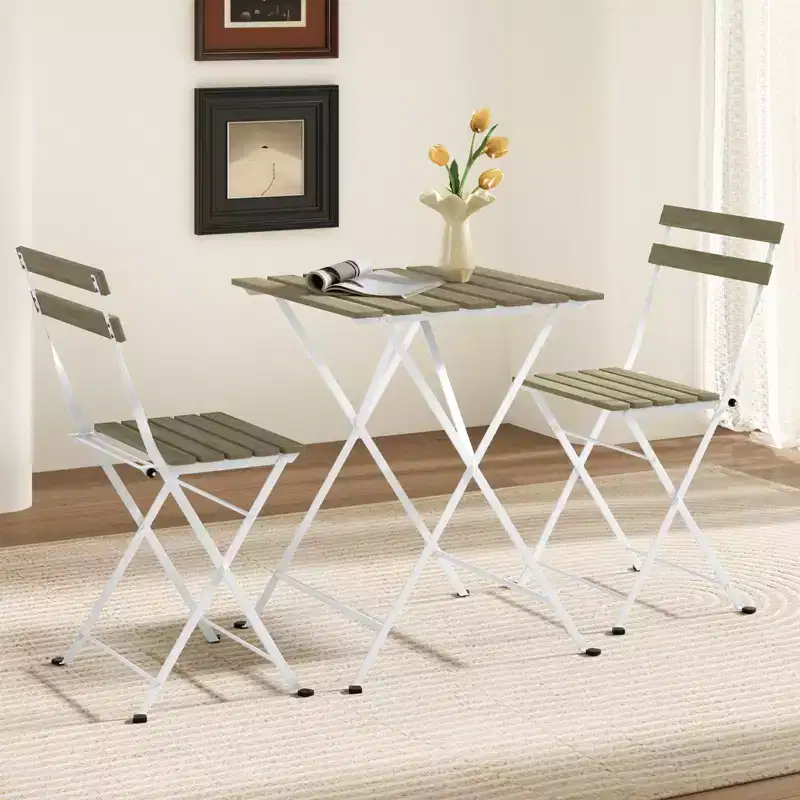 Costway 3 PCS Patio Acacia Wood Bistro Set Bistro Table with 2 Folding Chairs Slatted Seat Brown/Gray