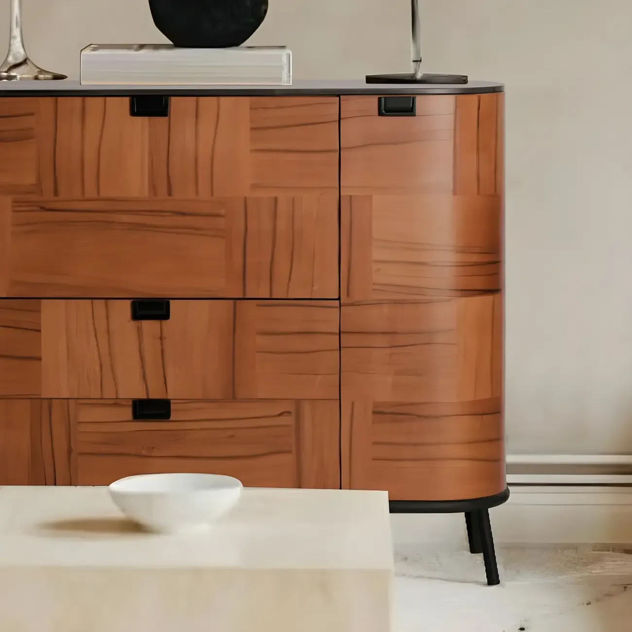 Brown Wooden Sideboard Cabinets with Stone Countertop