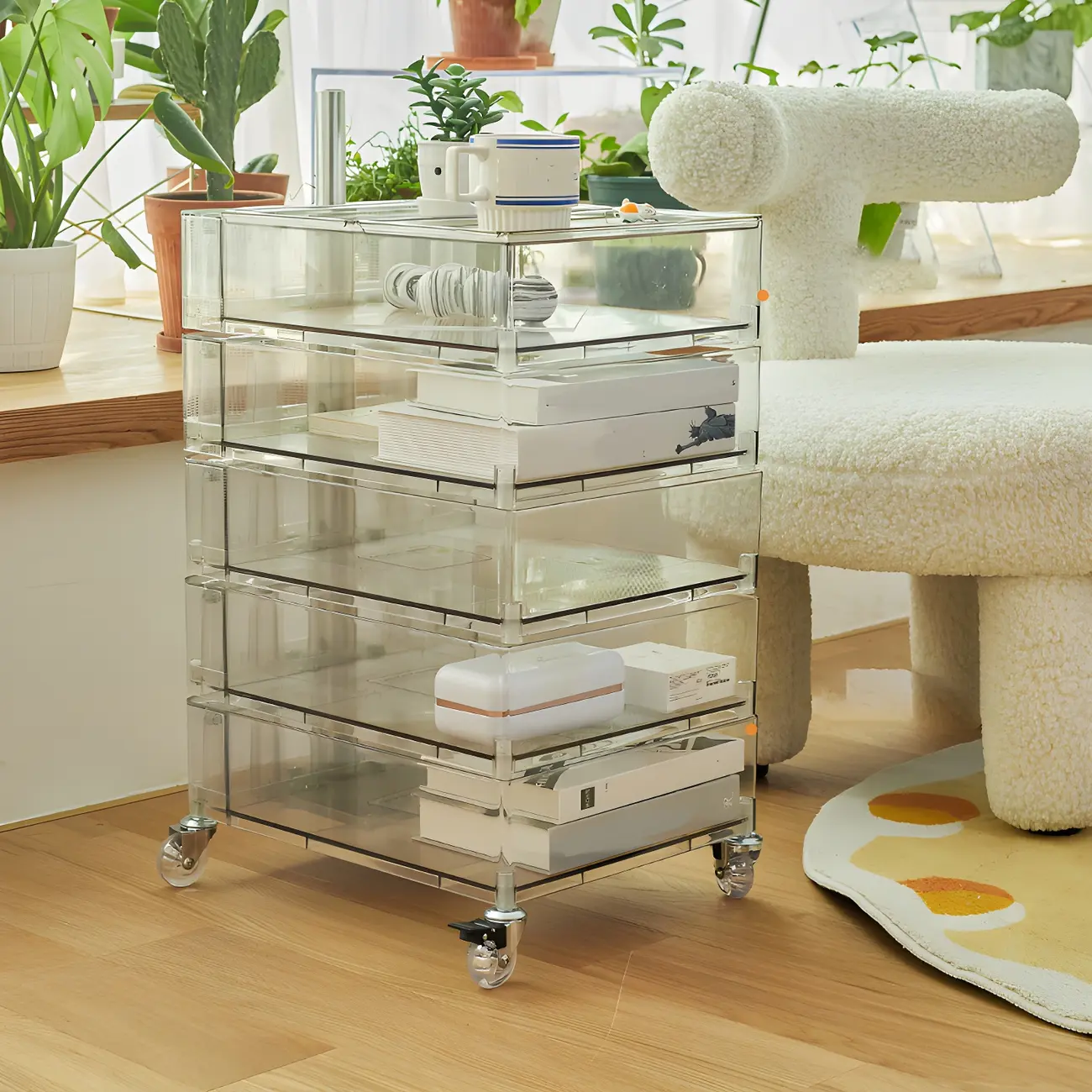 Vibrant Yellow Transparent Nightstand with Drawers and Wheels