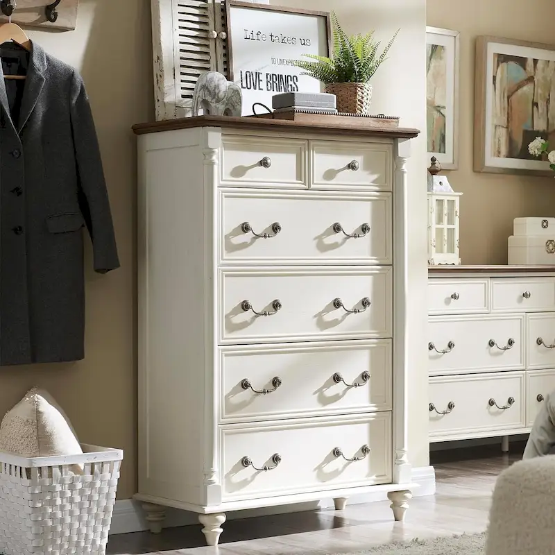 Dark/Light Rustic Oak/Barnwood/Antique White 6-Drawer Dresser, 1-Person