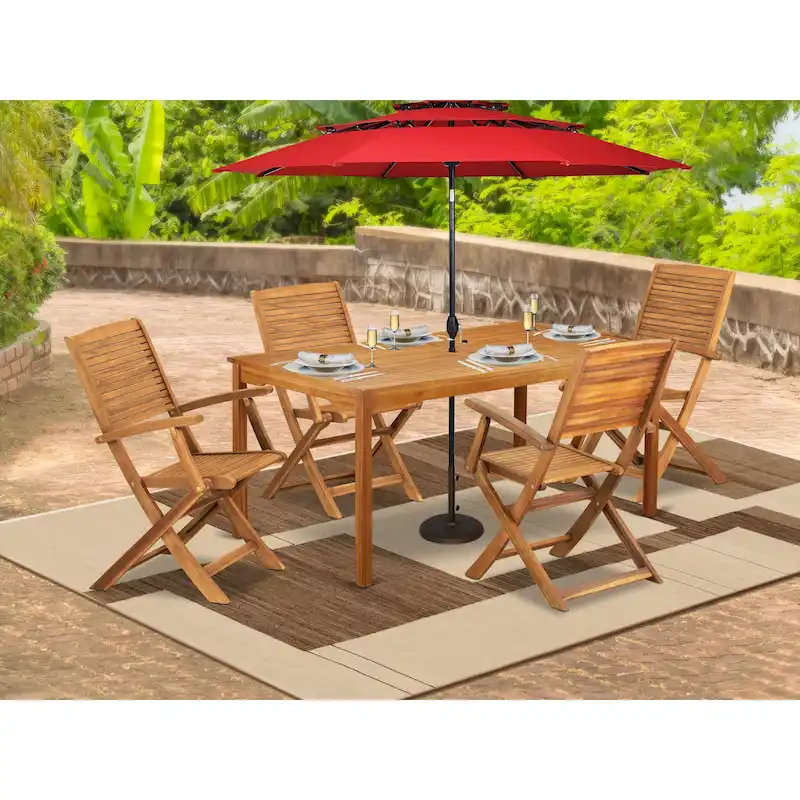 East West Furniture Patio Bistro Dining Set- a Outdoor Acacia Wood Table and Folding Arm Chairs, Natural Oil(Pieces Option)