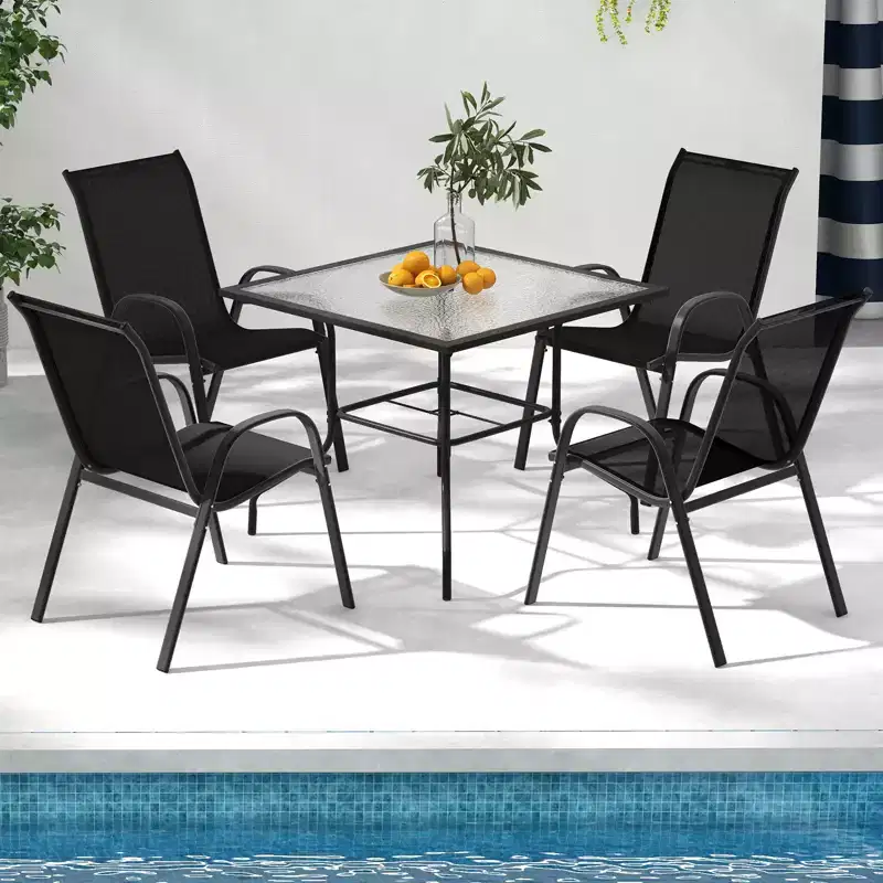 Costway 4PCS Patio Stacking Dining Chairs w/ Curved Armrests & Breathable Seat Fabric