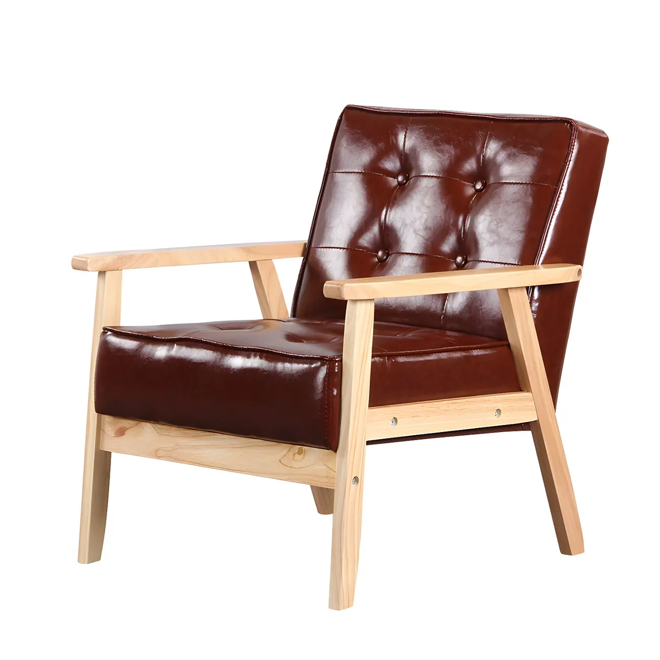 Modern Leather Tufted Accent Chair with Wood Frame
