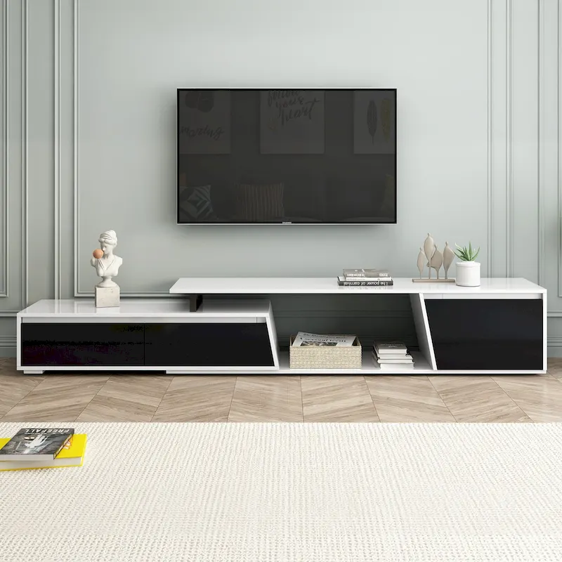 White Extendable TV Stand with Drawers and Cabinet for TVs up to 100 Inches