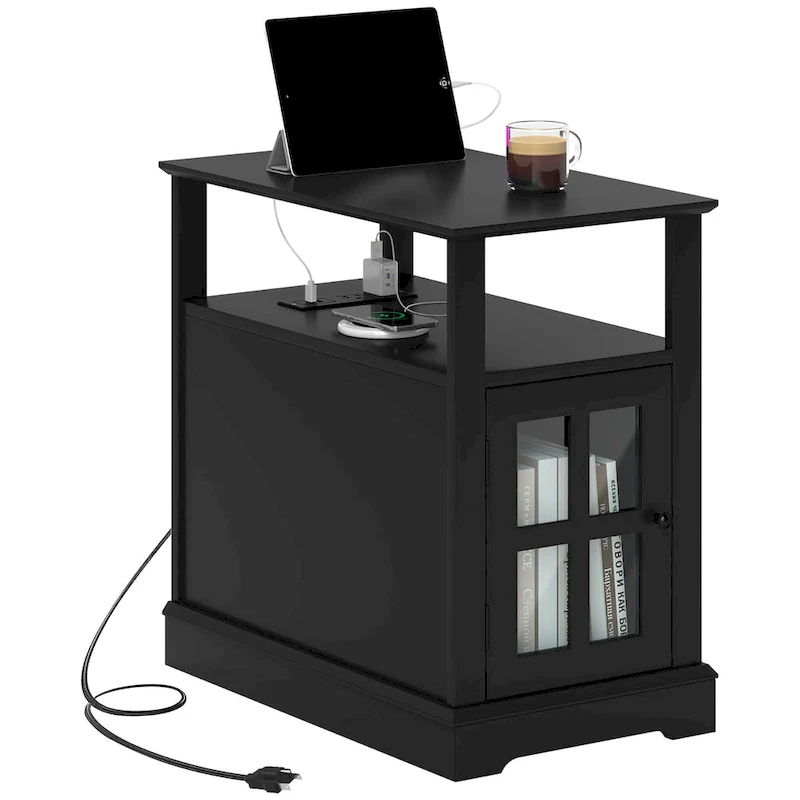 End Table with Charging Station, Narrow Side Table with USB Ports and Outlets, Small Table with Hidden Storage and Open Shelf