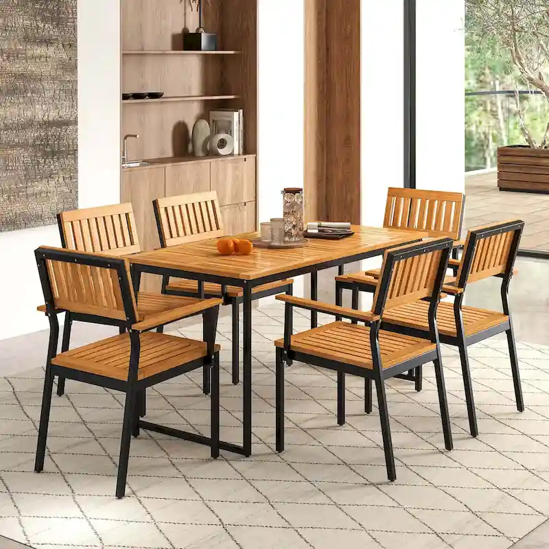 Outdoor Dining Table for 6 with Metal Frame Umbrella Hole