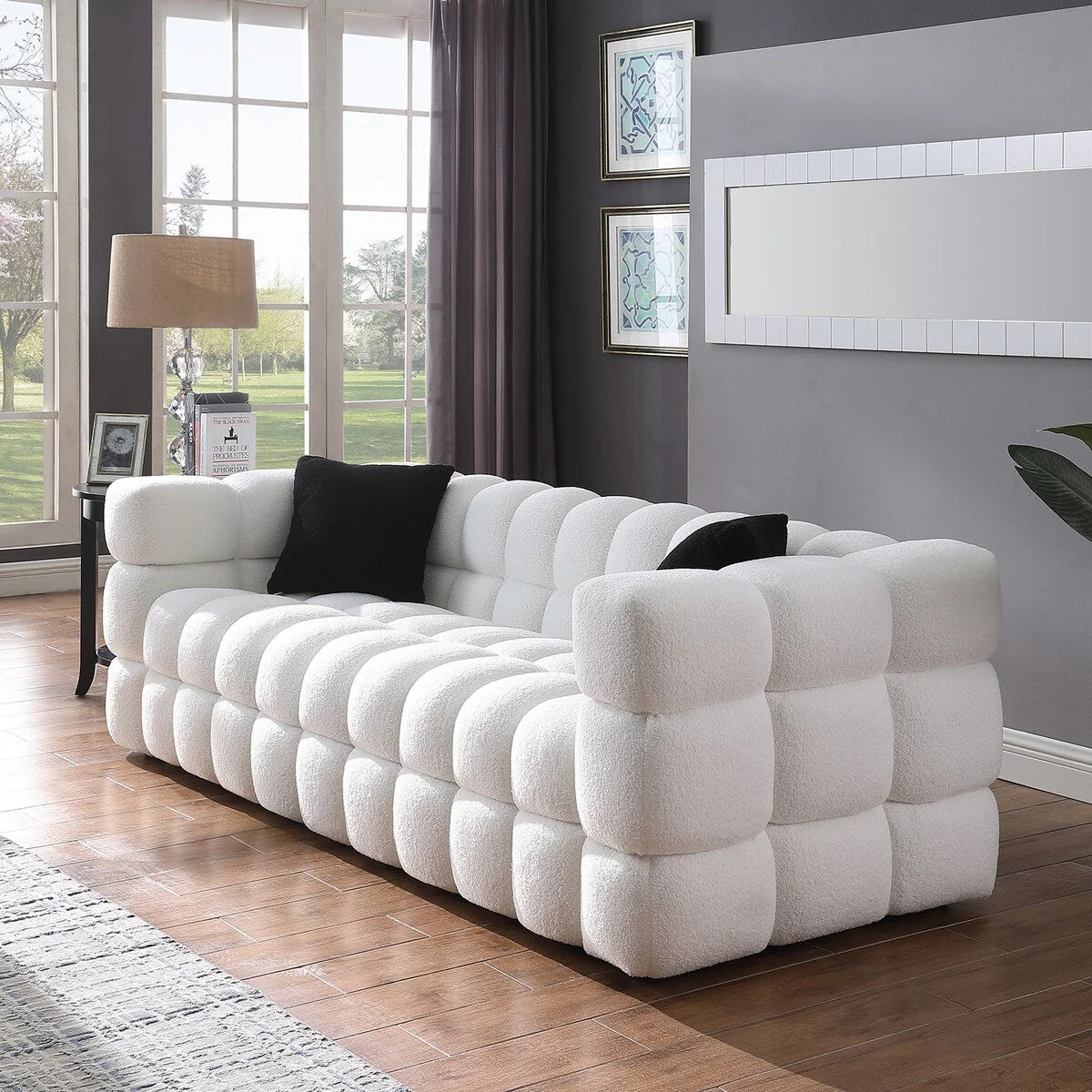 84.3 Luxurious Large Boucle Sofa 3 Seater Marshmallow Upholstered Sofa with 2pc Square Accent Pillows and Square Arm