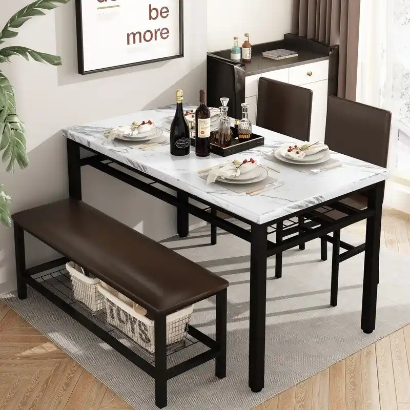 4-Piece Modern Dining Table Set, Faux Marble Kitchen Table with PU leather Bench and Chairs for Kitchen, Dining Room