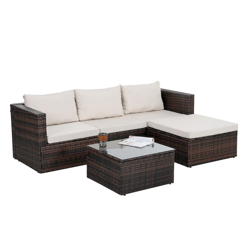 5-Piece PE Rattan Wicker Patio Conversation Set with Cushions