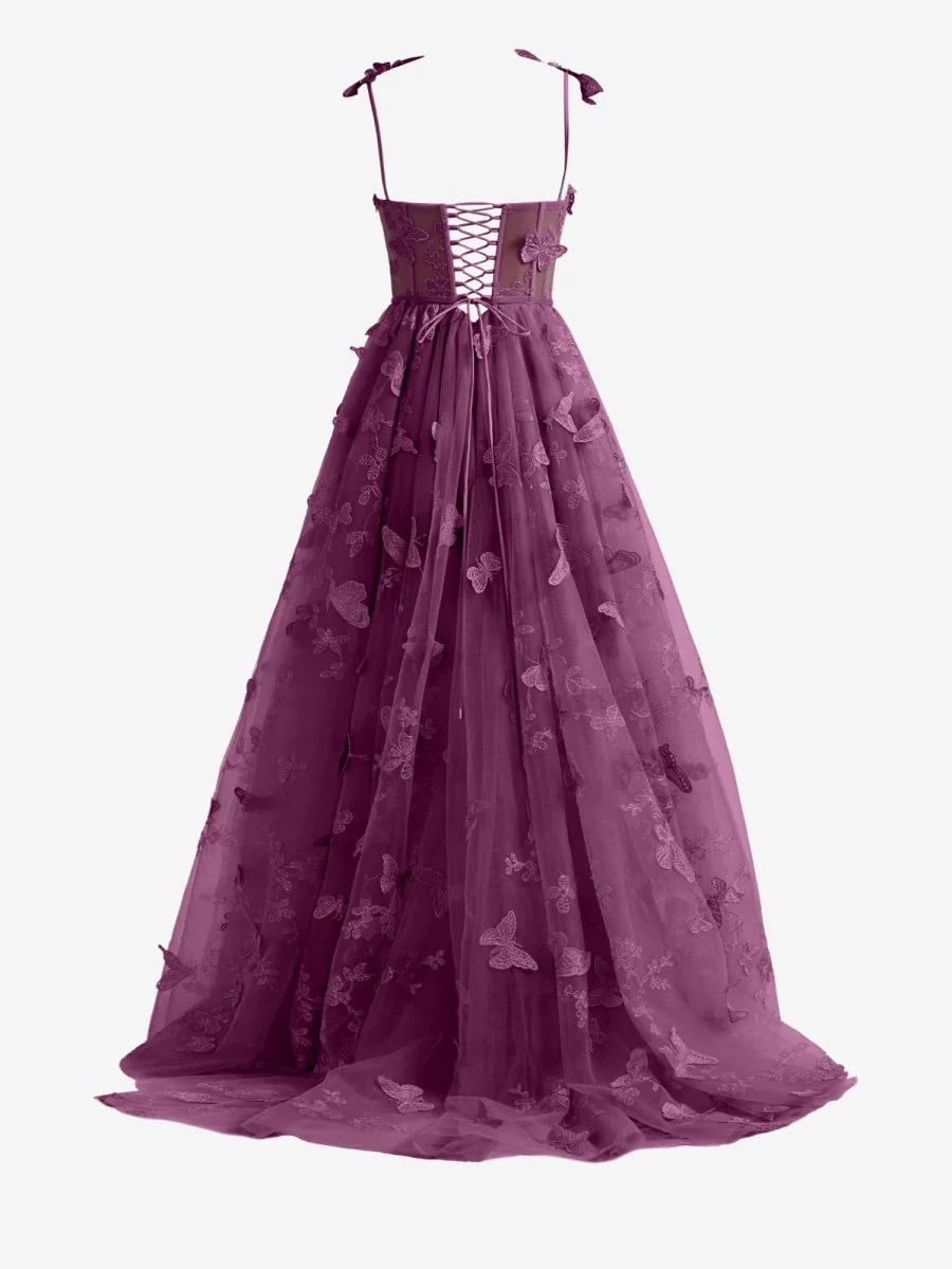 Grape A-line Butterfly Lace Lilac Corset Prom Dress with Slit