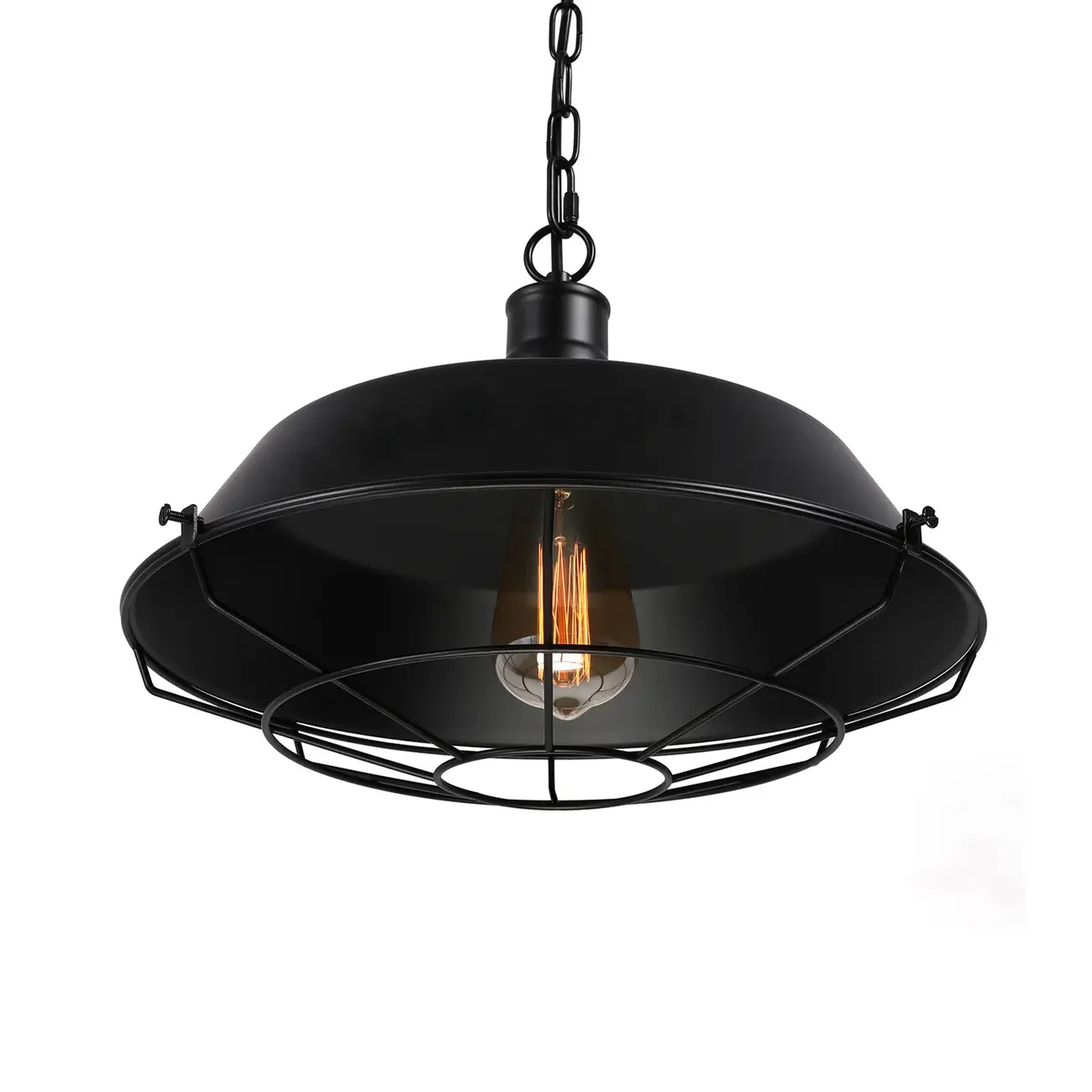 Industrial Black Metal Cap Caged Pendant Light