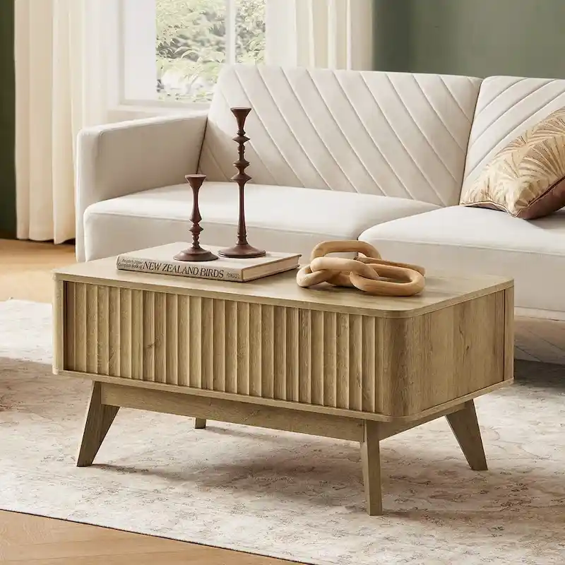 Natural Walnut / Golden Oak / Black Oak Art Deco Fluted Panel Lift Top Coffee Table with Hidden Storage - Single Use