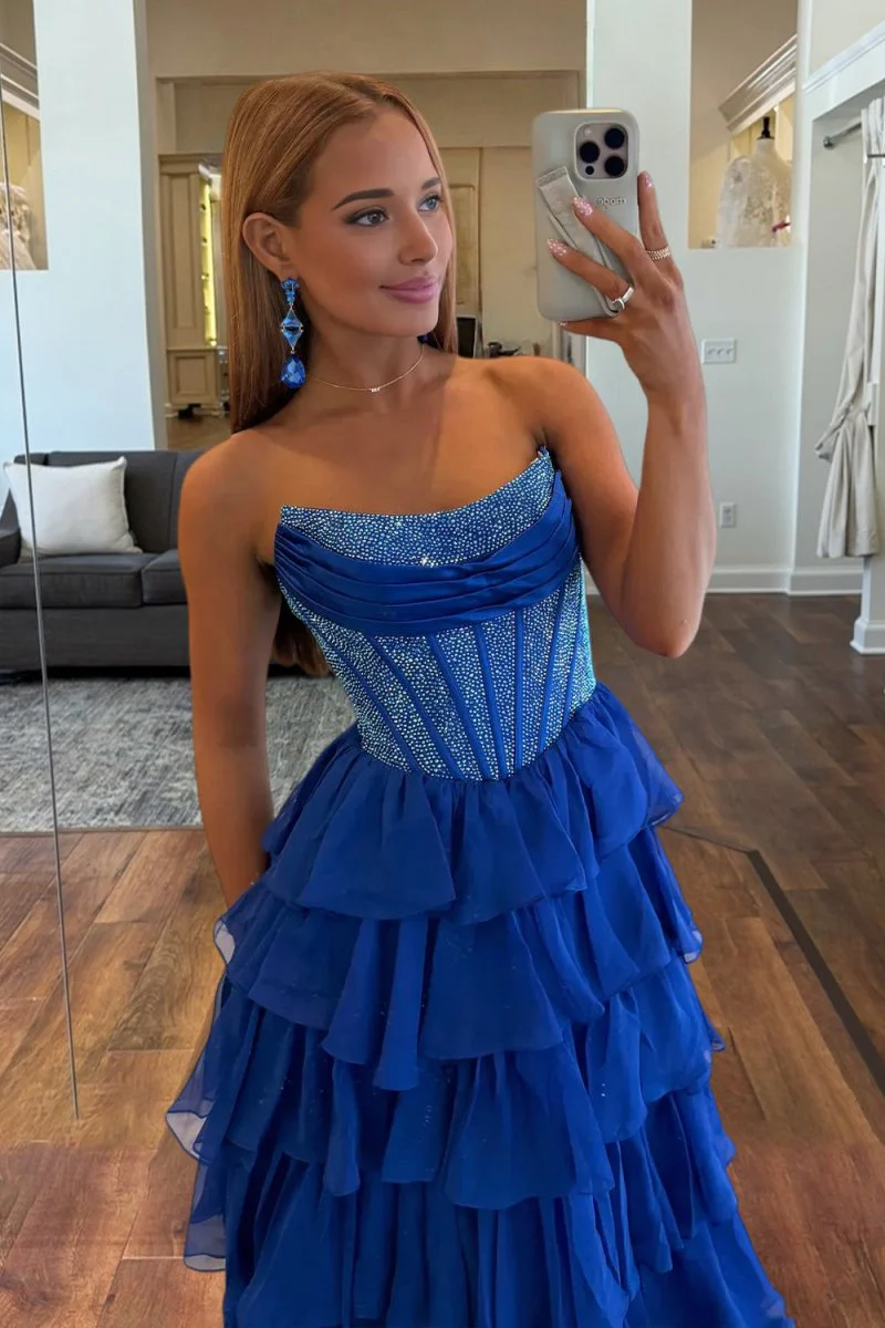Royal Blue - A Line Strapless Chiffon Beaded Corset Long Prom Dress With Slit