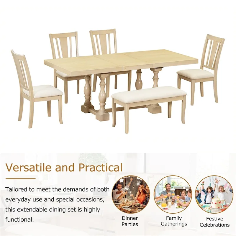 6-Piece 78 Trestle Extendable Dining Table Set w/Dining Chairs &Bench