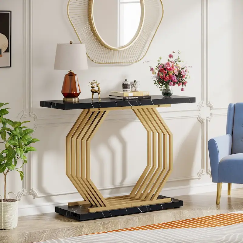 39.37  Gold Console Table, Modern White Marble Sofa Table with Geometric Metal Base