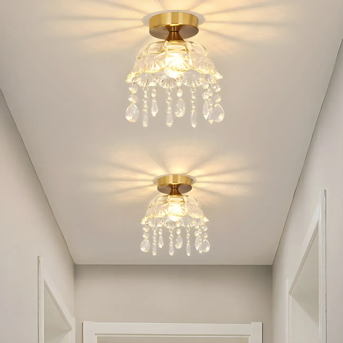 Elegant Golden Crystal Flower Dome Semi Flush Ceiling Light