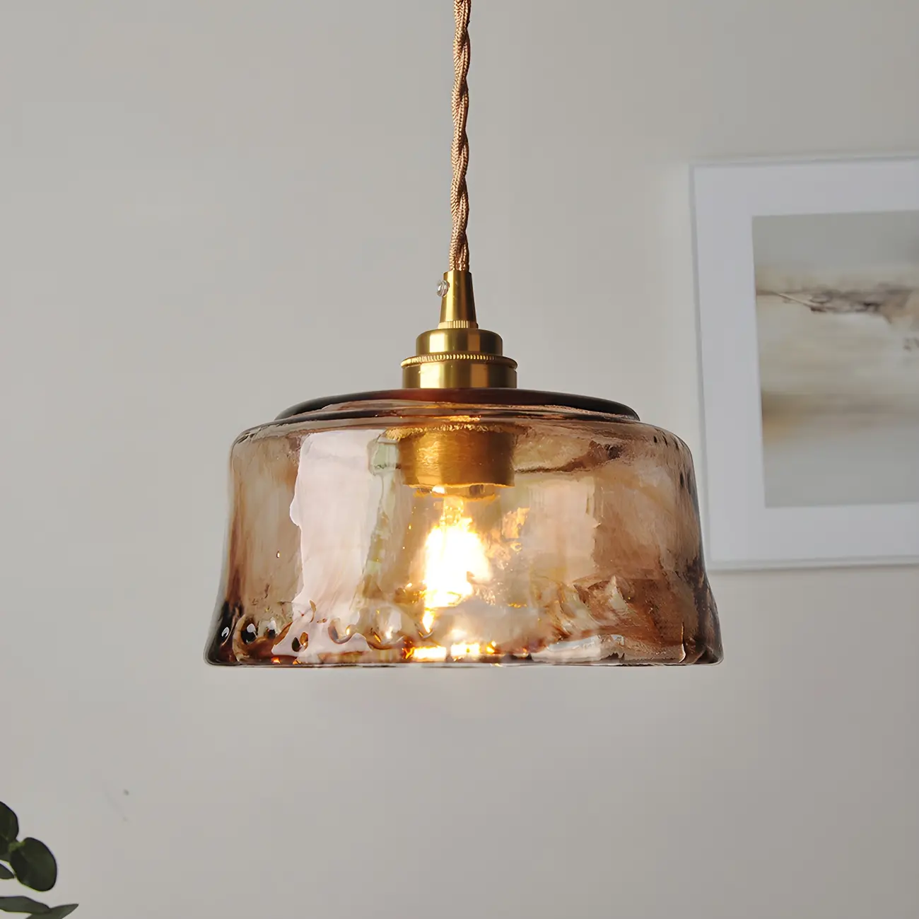 Industrial Amber Glass Shade Brass Haning Pendant Light