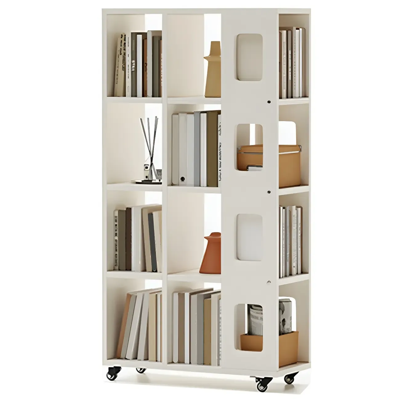 Mid-Century Nut-Brown Wood 5-Tier Bookcase on Wheels