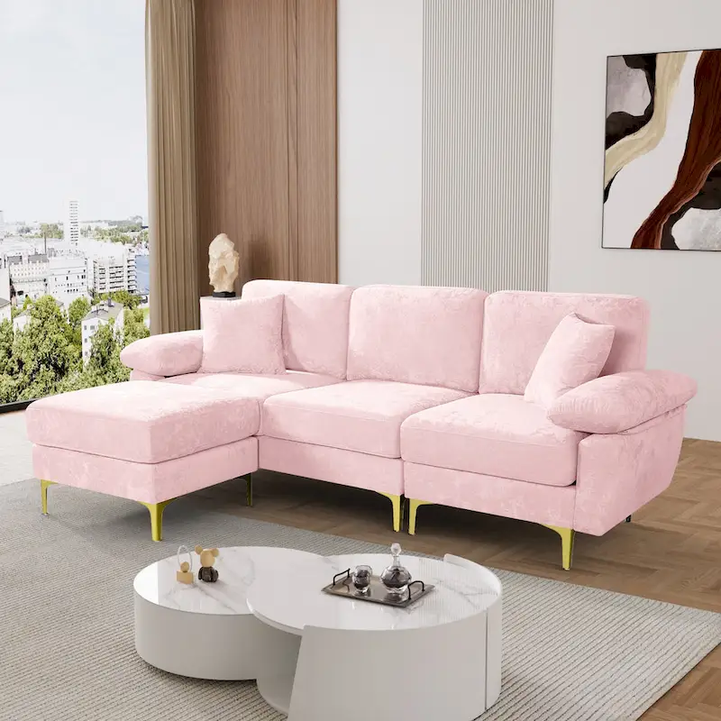 Upholstered Velvet Sectional Sofa with Pillows & Ottoman