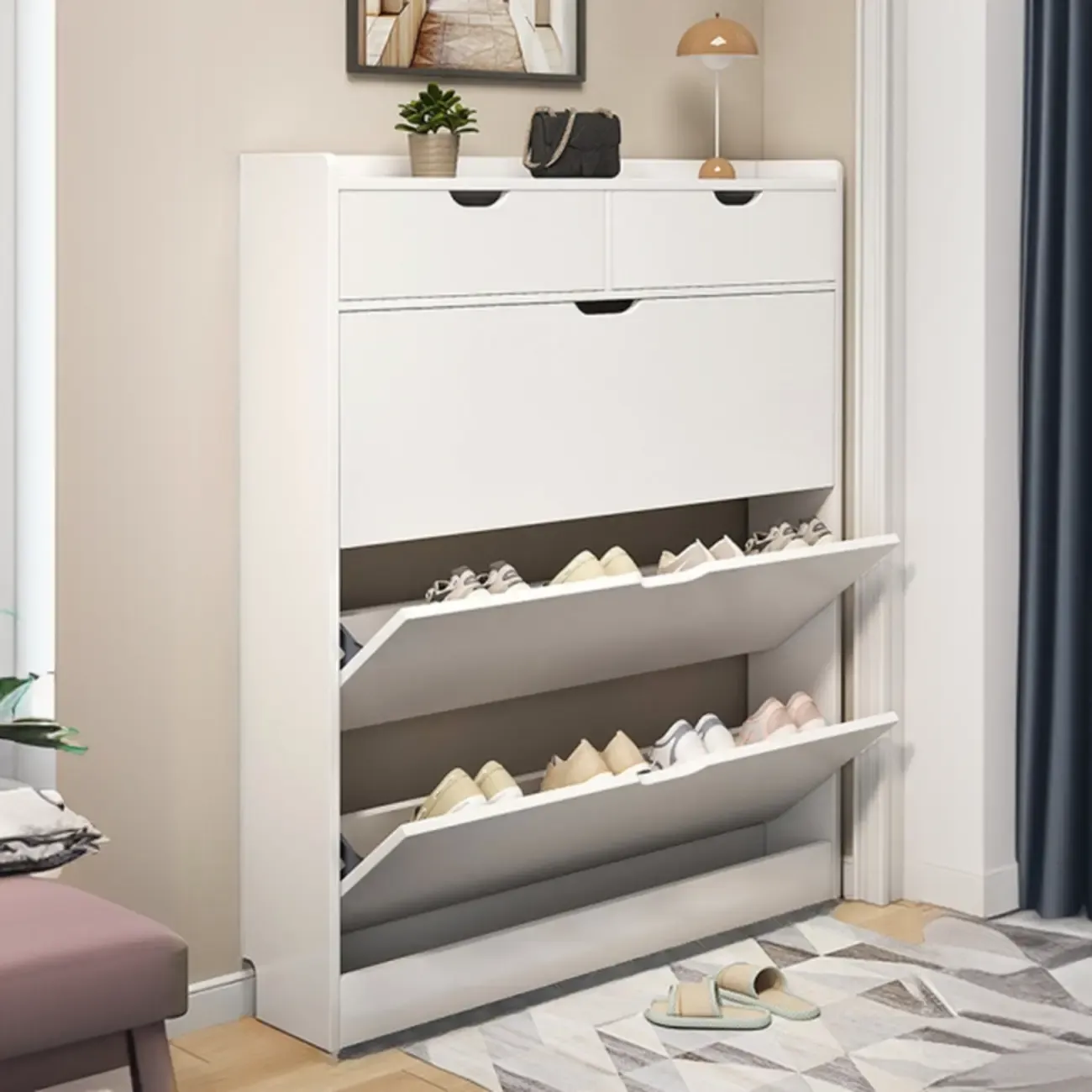 Entryway Modern Wood Shoe Cabinet with Flip-Out Drawer