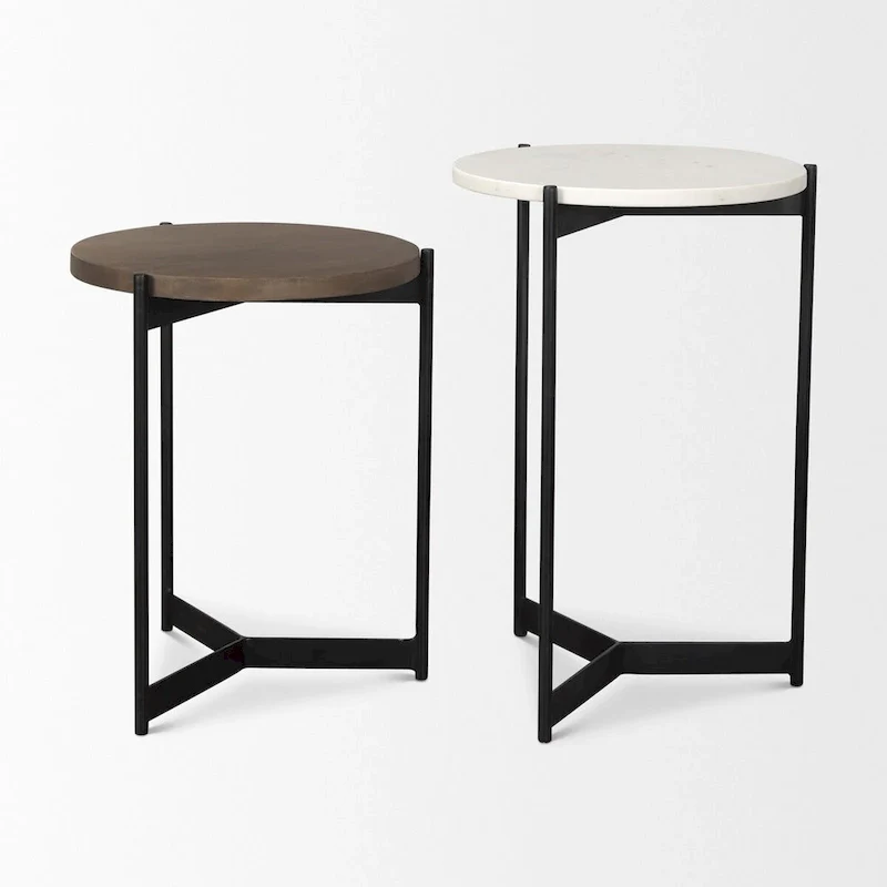 Marble & Dark Brown Wood Tabletop Nesting End/Side Tables
