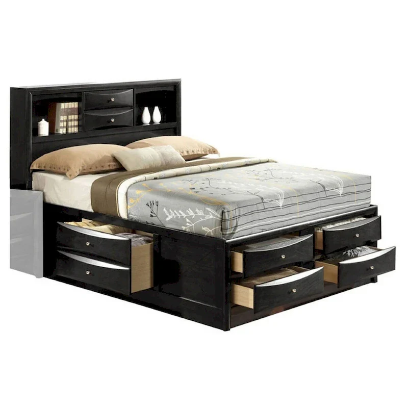 Panel Design Eastern King Size Bed with Bookcase and Drawers, Black