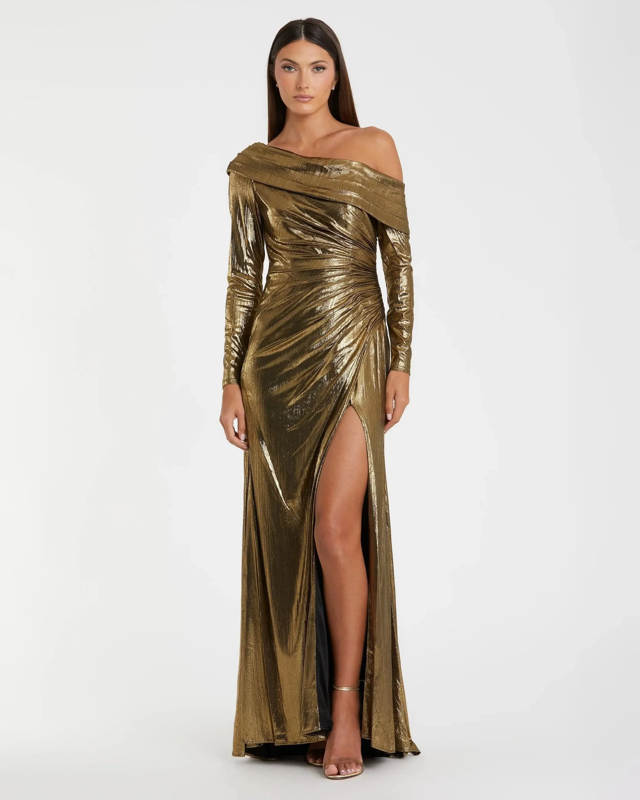 Gold Long Sleeve Off the Shoulder Metallic Gown