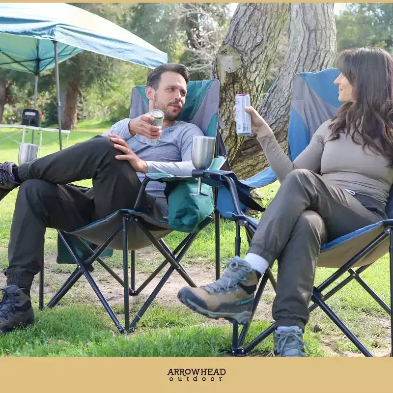 ARROWHEAD OUTDOOR 2-Pack Oversized XXL Portable Folding Camp Chair, Cup & Wine Holders, Armrest Cooler, Carry Bag, 600 lbs Capacity (Green & Grey)