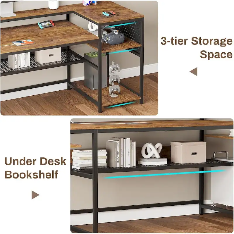 L Shaped Computer Desk Gaming Desk Keyboard Tray Power Outlets & LED