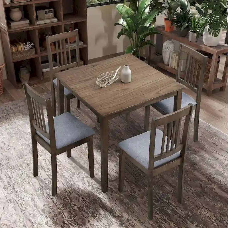 Modern Wooden Dining Table Set, 1 Square Table and 4 Upholstered Chairs, Suitable for Living Room, Dining Room, Kitchen