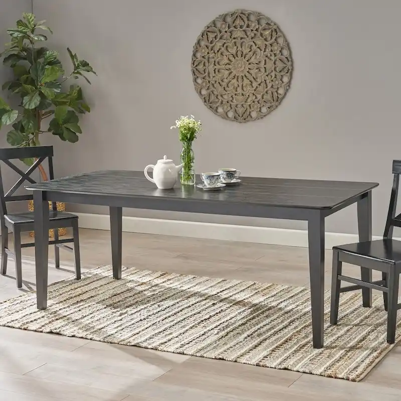 Walnut/Gray/Black Farmhouse Rubberwood Rectangular Dining Table, 8-Person